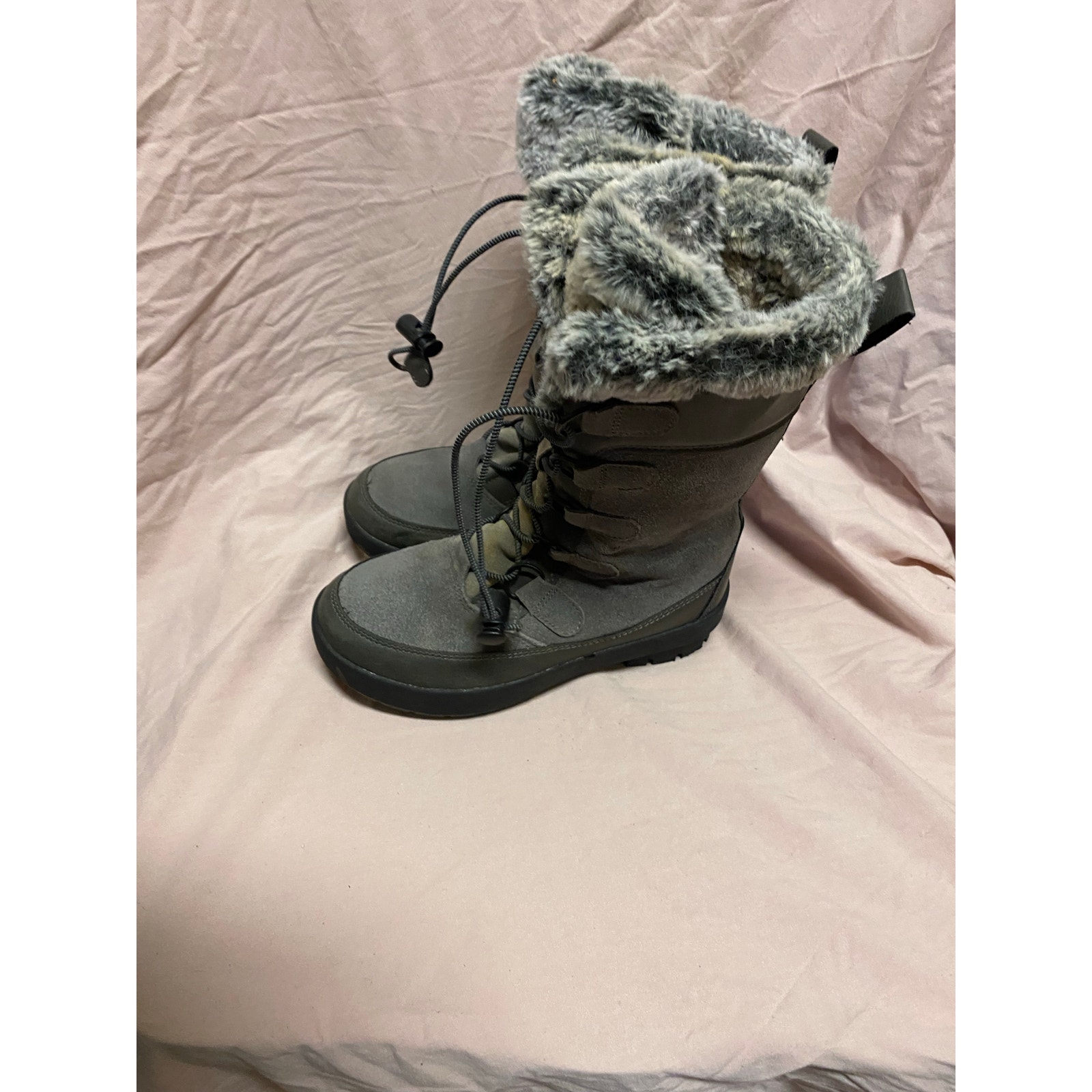 Snow Boots Girls Gray Faux Fur Lace Up Winter All In Motion Size 1